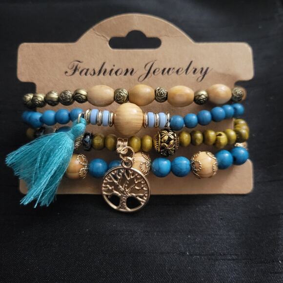 Boho tree of life layered beaded 4 pack bracelets l, teal blue, tan, gold charm - Picture 1 of 3